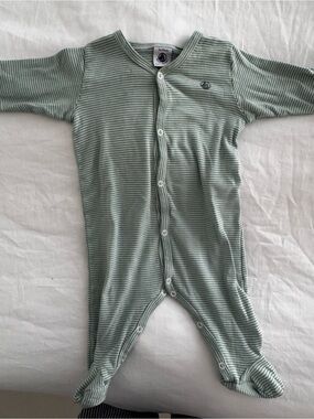 Petit Bateau Sage Green Striped Footed One-Piece